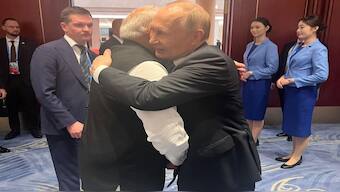 Prime Minister Narendra Modi and Russian President Vladimir Putin hug each other on Day 2 of the SCO Summit. PM Modi also wrote on X, "Always a delight to meet President Putin". Image Courtesy: @narendramodi/X