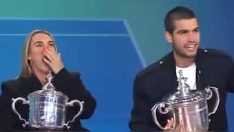 Aryna Sabalenka and Carlos Alcaraz react during the interview. Image: X