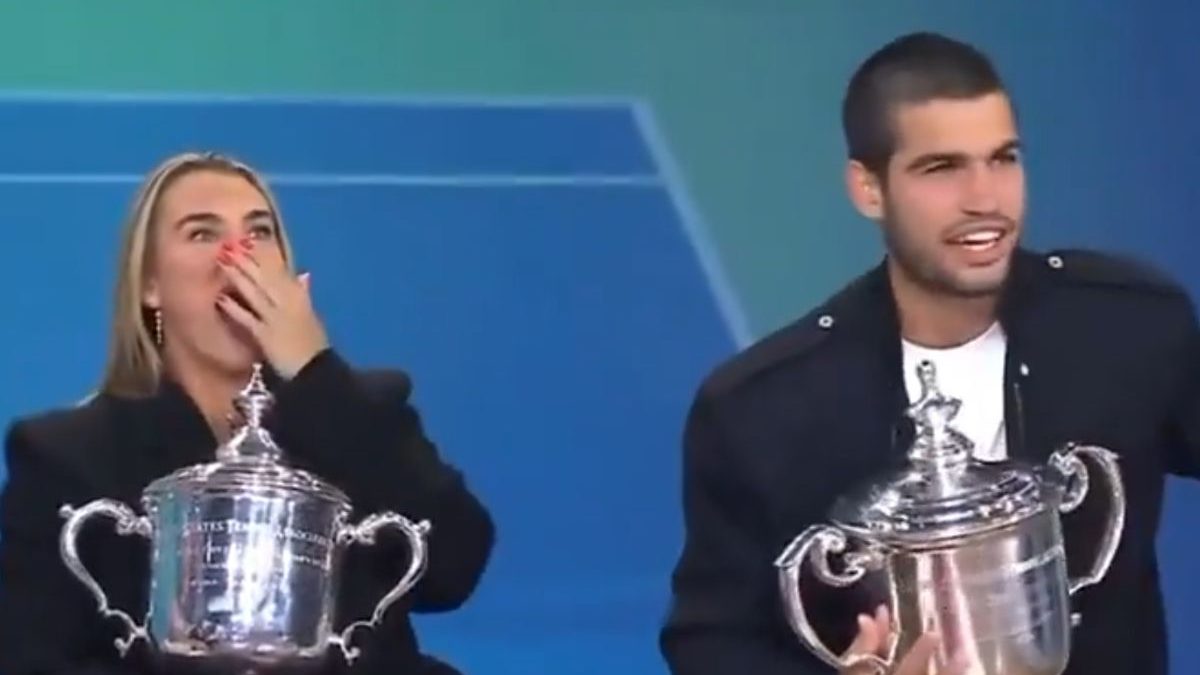 Aryna Sabalenka and Carlos Alcaraz react during the interview. Image: X Aryna Sabalenka and Carlos Alcaraz react during the interview. Image: X
