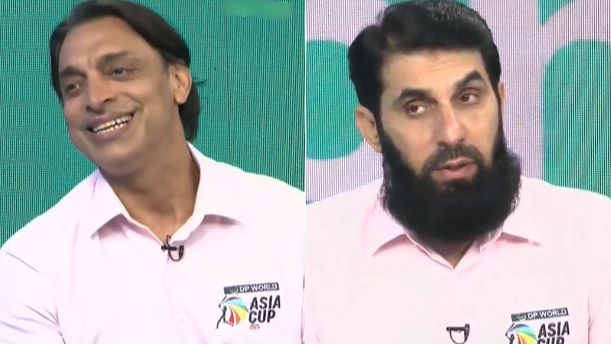 Shoaib Akhtar and Misbah-ul-Haq had a light-hearted moment on live TV while discussing India's batting. Image: Insta/tapmad Shoaib Akhtar and Misbah-ul-Haq had a light-hearted moment on live TV while discussing India's batting. Image: Insta/tapmad