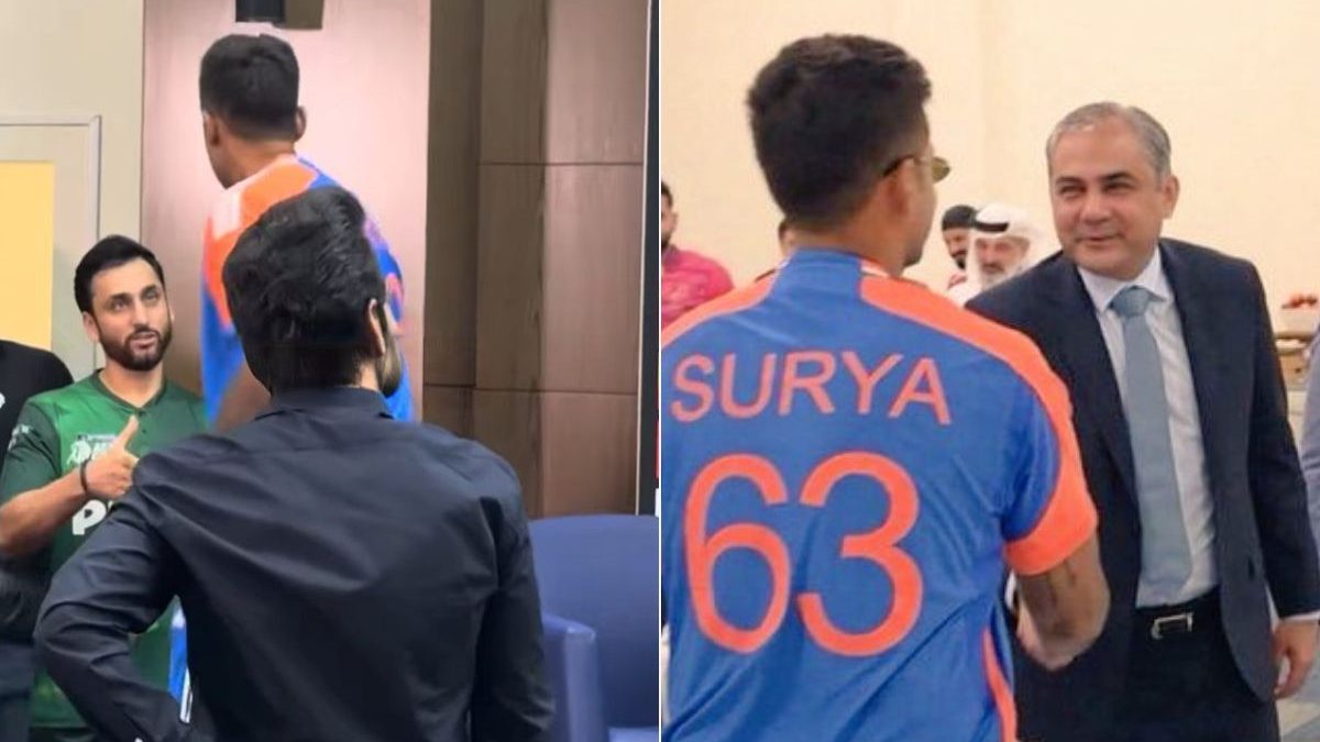 Indian skipper Suryakumar Yadav shake hands with Mohsin Naqvi and Salman Agha back stage. Image: X Indian skipper Suryakumar Yadav shake hands with Mohsin Naqvi and Salman Agha back stage. Image: X
