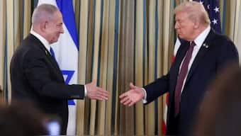 US President Donald Trump and Israeli Prime Minister Benjamin Netanyahu reach to shake hands at a joint press conference in the State Dining Room at the White House in Washington, DC, September 29, 2025.  Reuters 