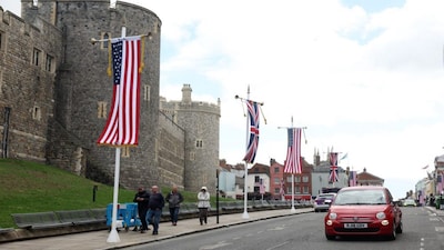 Union Jack and United States flags are displayed ahead of a state visit by the US President Donald Trump and his wife, in Windsor, west of London. AFP
