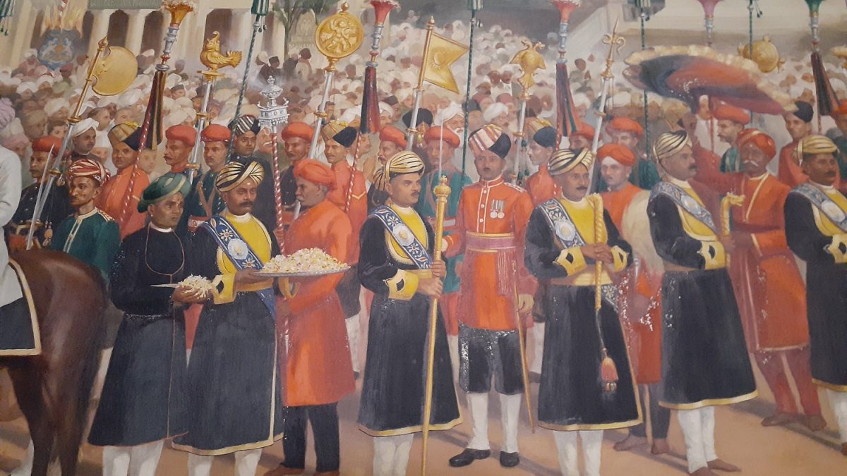 A painting depicting court life in Mysore Palace A painting depicting court life in Mysore Palace