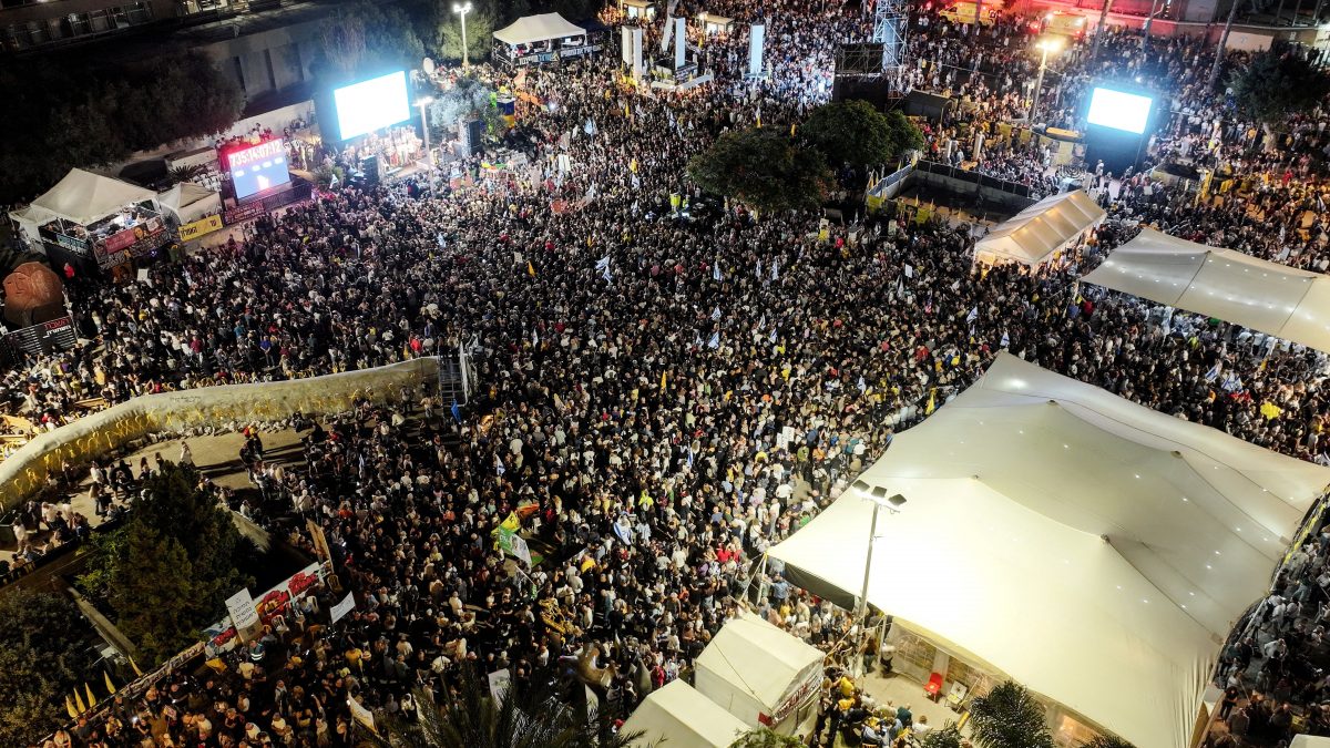 A drone photo of people gathering in "Hostages square", after a ceasefire between Israel and Hamas in Gaza went into effect, in Tel Aviv, Israel. Reuters A drone photo of people gathering in "Hostages square", after a ceasefire between Israel and Hamas in Gaza went into effect, in Tel Aviv, Israel. Reuters