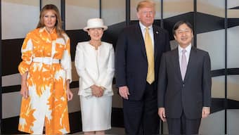 US President Donald Trump and first lady Melania Trump pose for a photograph with Japan's Emperor Naruhito and Empress Masako as they are bid farewell by the Emperor and Empress before their leaving from Japan, at a hotel in Tokyo, Japan May 28, 2019, in this photo released by Imperial Household Agency of Japan. Reuters