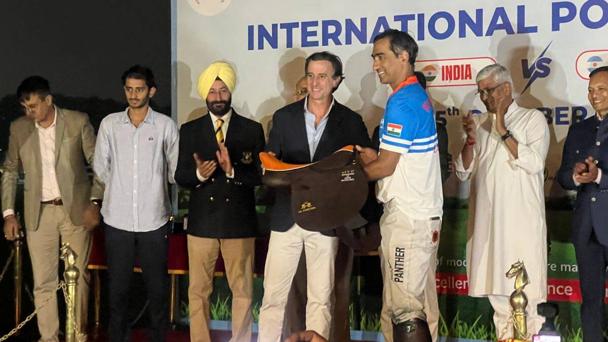 Simran Singh Shergill is awarded the Best Player award by Adrian Simonetti, president of La Martina for the KogniVera International Polo Cup held at the Jaipur Polo Ground, in New Delhi, India on October 25, 2025. Anmol Singla/Firstpost