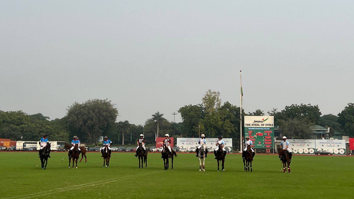 Players from India and Argentina, along with the umpires line up ahead of the KogniVera International Polo Cup held at the Jaipur Polo Ground, in New Delhi, India on October 25, 2025. Anmol Singla/Firstpost