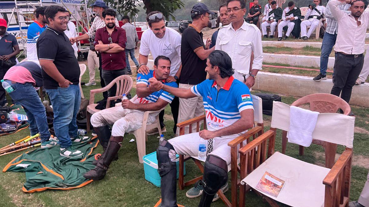 Syed Shamsheer Ali and Sawai Padmanabh Singh congratulate each other after India secure their win at the KogniVera International Polo Cup held at the Jaipur Polo Ground, in New Delhi, India on October 25, 2025. Anmol Singla/Firstpost