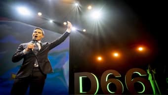 D66 leader Rob Jetten celebrates exit poll figures. X