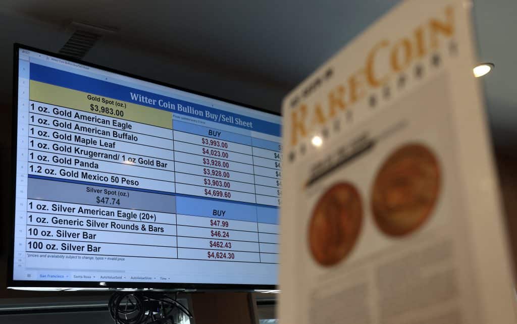 Gold prices are displayed on a monitor at Witter Coins on October 07, 2025 in San Francisco, California. AFP