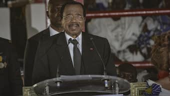(FILES) Cameroon incumbent President Paul Biya addresses a campaign rally in Maroua on October 7, 2025. Cameroon's President Paul Biya, 92, has been re-elected for an eighth term with 53.7 percent of the vote, according to official results announced by the Constitutional Council on October 27, 2025. (Photo by Robert Fimbaye / AFP)