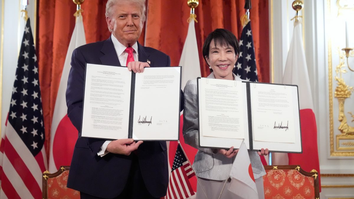 President Donald Trump (left) and Japan's Prime Minister Sanae Takaichi (right) pose with their documents during a signing ceremony at Akasaka Palace in Tokyo, Japan. AP President Donald Trump (left) and Japan's Prime Minister Sanae Takaichi (right) pose with their documents during a signing ceremony at Akasaka Palace in Tokyo, Japan. AP