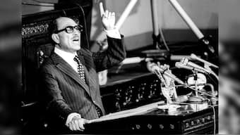 Late Egyptian President Anwar Sadat seen announcing to the Egyptian parliament, and the world his venture to visit Israel, Egypt's enemy at the time, on November 9, 1977. File Image/AA via Reuters