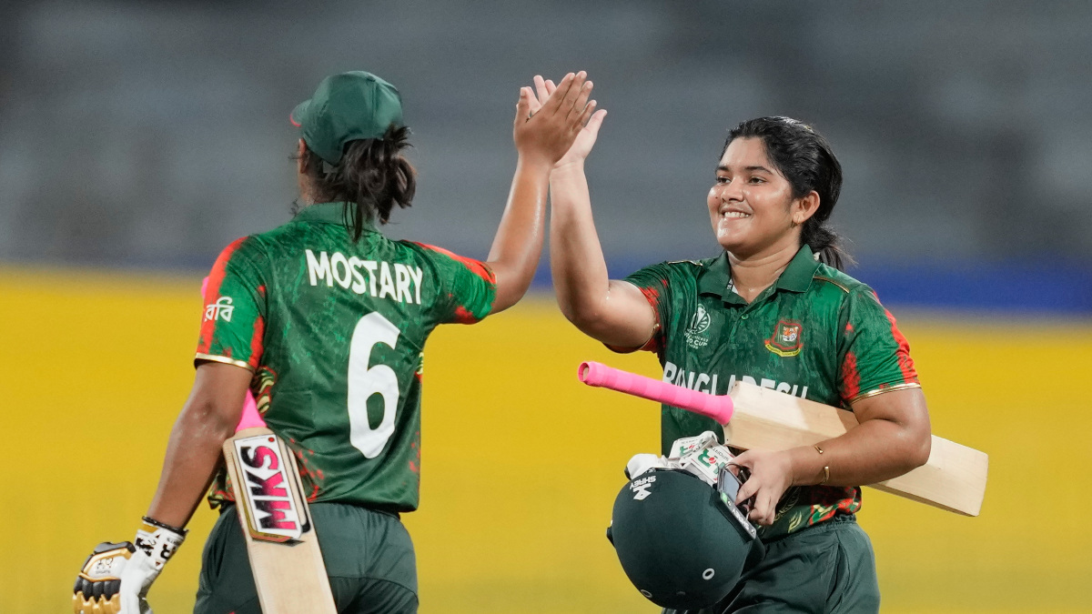 Rubya Haider and Sobhana Mostary celebrate after steering Bangladesh to a seven-wicket victory over Pakistan in their ICC Women's World Cup match in Colombo on Thursday, 2 October. AP Rubya Haider and Sobhana Mostary celebrate after steering Bangladesh to a seven-wicket victory over Pakistan in their ICC Women's World Cup match in Colombo on Thursday, 2 October. AP