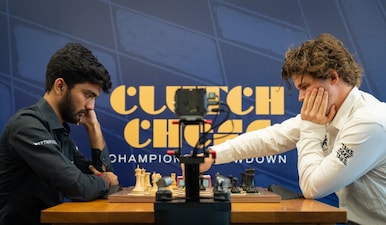 In an overall poor 2025, Gukesh did earn his first win over Magnus Carlsen. Image: Saint Louis Chess Club