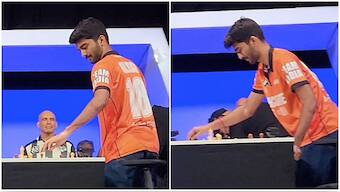 D Gukesh calmly rearranges the pieces on the board after his defeat against Hikaru Nakamura in the 'Checkmate: USA vs India' event in Arlington, Texas, USA. Image credit: Screengrab/Chess.com