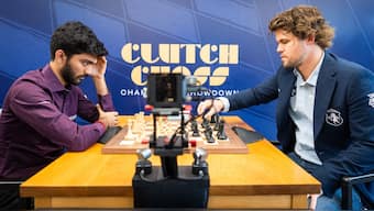 D Gukesh in action against Magnus Carlsen at the Clutch Chess Champions Showdown in St Louis, USA. Image credit: Saint Louis Chess Club