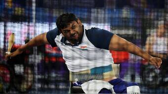 India's Dharambir Nain in action during the men's club throw F51 event at the World Para-Athletics Championships in New Delhi. Reuters