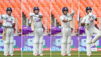 Dhruv Jurel celebrates his maiden Test hundred with a gun salute on Day 2 of the first Test between India and West Indies in Ahmedabad. PTI