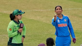 Fatima Sana and Harmanpreet Kaur, captain of Pakistan and India respectively, at the toss during the ICC Women's World Cup group-stage meeting between the two arch-rivals in Colombo. AP