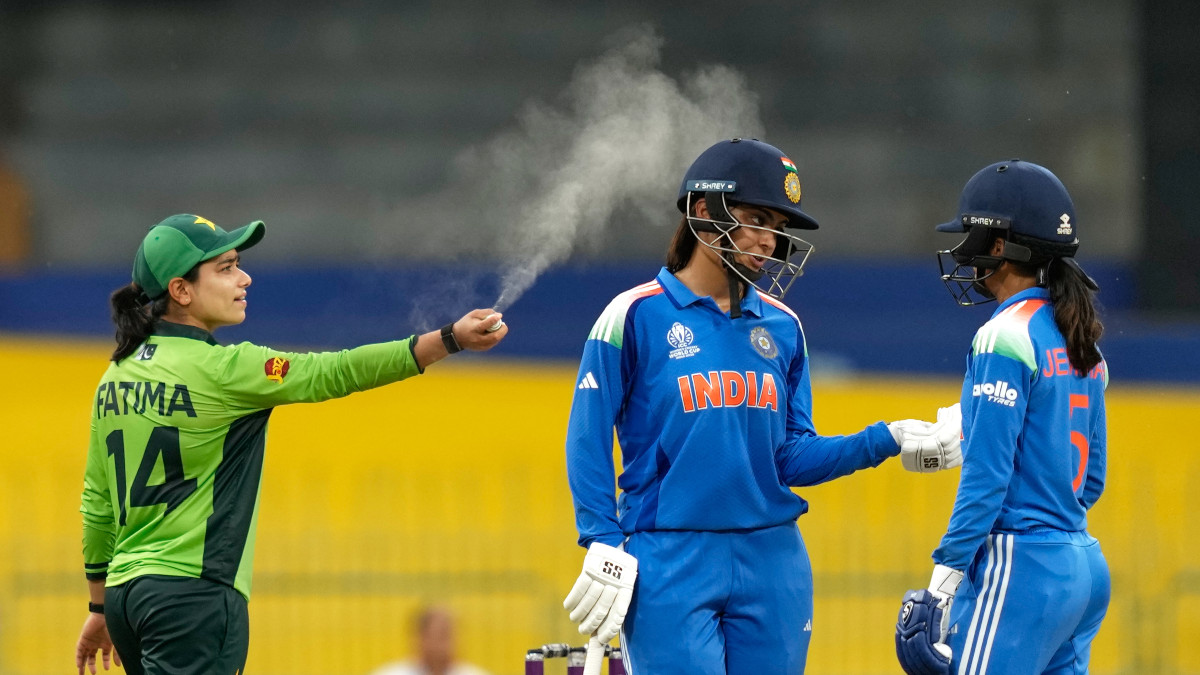 Pakistan captain Fatima Sana applies an insect repellent spray during the ICC Women's World Cup match against India at Colombo's R Premadasa Stadium. AP Pakistan captain Fatima Sana applies an insect repellent spray during the ICC Women's World Cup match against India at Colombo's R Premadasa Stadium. AP