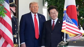 President Donald Trump greets South Korean President Lee Jae Myung upon his arrival at the White house in Washington. File image/AP