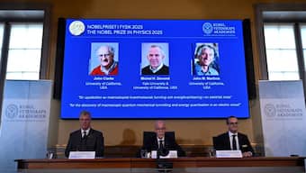 John Clarke, Michel H Devoret, and John M Martinis are announced 2025 Nobel Prize winners in Physics by the Royal Swedish Academy of Sciences at a press conference in Stockhom, Sweden, on October 7, 2025. (Photo: TT News Agency/Christine Olsson via Reuters)