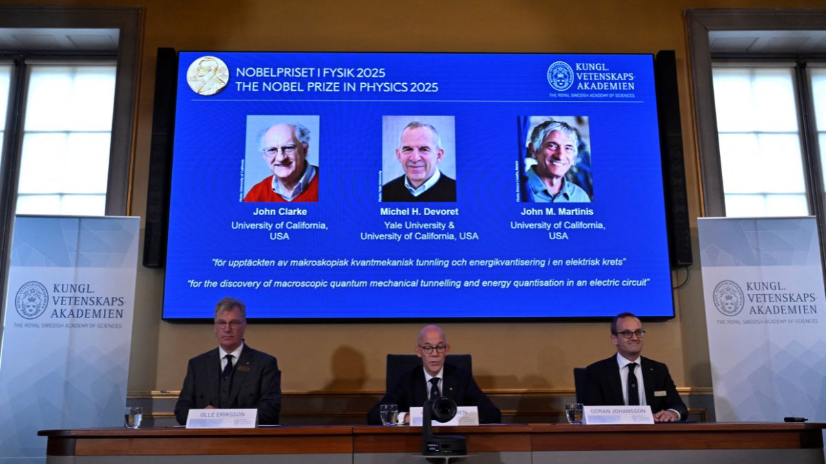 John Clarke, Michel H Devoret, and John M Martinis are announced 2025 Nobel Prize winners in Physics by the Royal Swedish Academy of Sciences at a press conference in Stockhom, Sweden, on October 7, 2025. (Photo: TT News Agency/Christine Olsson via Reuters) John Clarke, Michel H Devoret, and John M Martinis are announced 2025 Nobel Prize winners in Physics by the Royal Swedish Academy of Sciences at a press conference in Stockhom, Sweden, on October 7, 2025. (Photo: TT News Agency/Christine Olsson via Reuters)