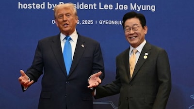 South Korea's President Lee Jae Myung (R) receives US President Donald Trump for a special dinner hosted in his honour and state leaders at the Hilton Gyeongju hotel in Gyeongju on October 29, 2025. AFP file