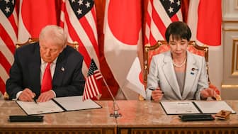 Japan's Prime Minister Sanae Takaichi (R) and US President Donald Trump attend a signing ceremony after a Japan-US Summit at the Akasaka State Guest House in Tokyo on October 28, 2025. AFP File