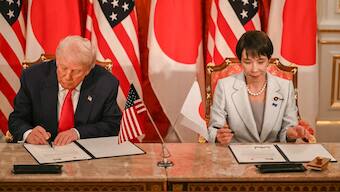 Japan's Prime Minister Sanae Takaichi (R) and US President Donald Trump attend a signing ceremony after a Japan-US Summit at the Akasaka State Guest House in Tokyo on October 28, 2025. (Photo: Andrew Caballero-Reynolds/AFP)