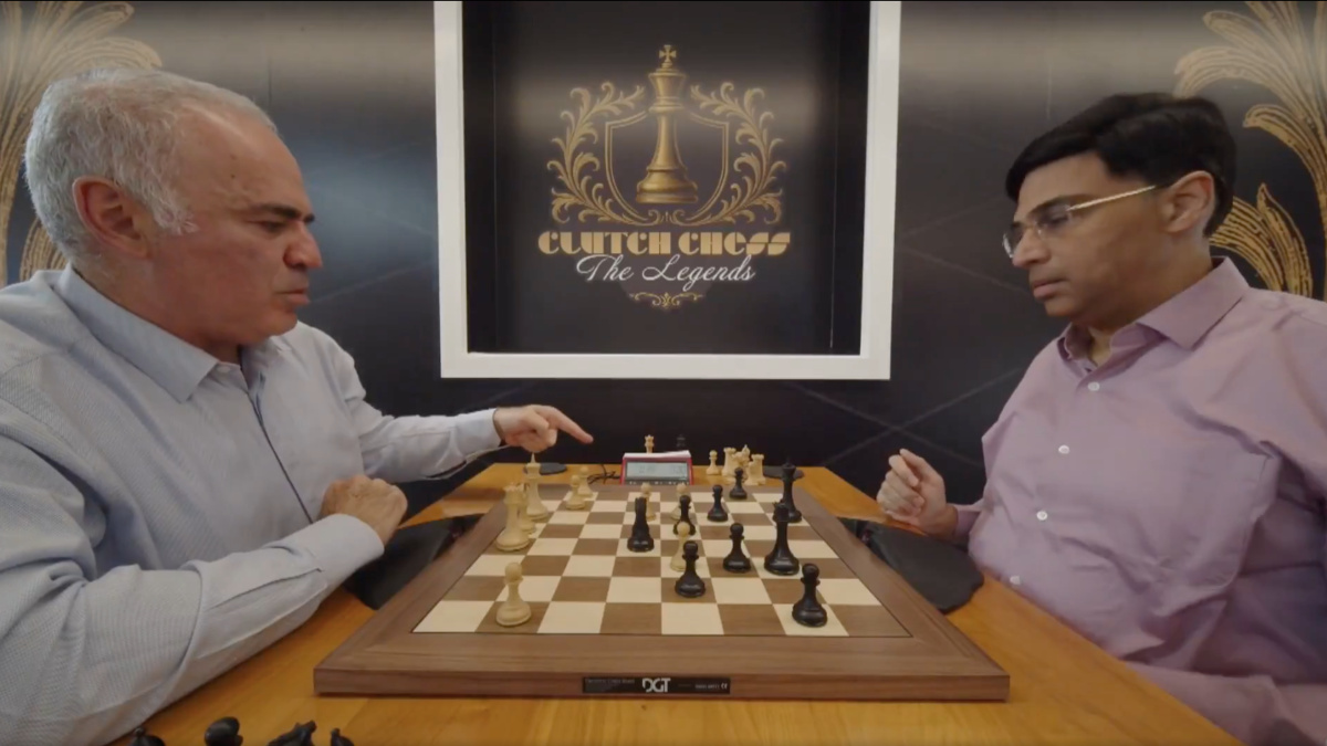 Garry Kasparov points towards clock as Viswanathan Anand suffers unusual defeat during Clutch Chess showdown Garry Kasparov points towards clock as Viswanathan Anand suffers unusual defeat during Clutch Chess showdown