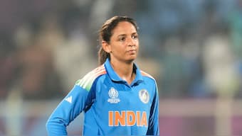 India captain Harmanpreet Kaur reacts following her team's three-wicket defeat against Australia in their ICC Women's World Cup match in Visakhapatnam on Sunday, 12 October. AP