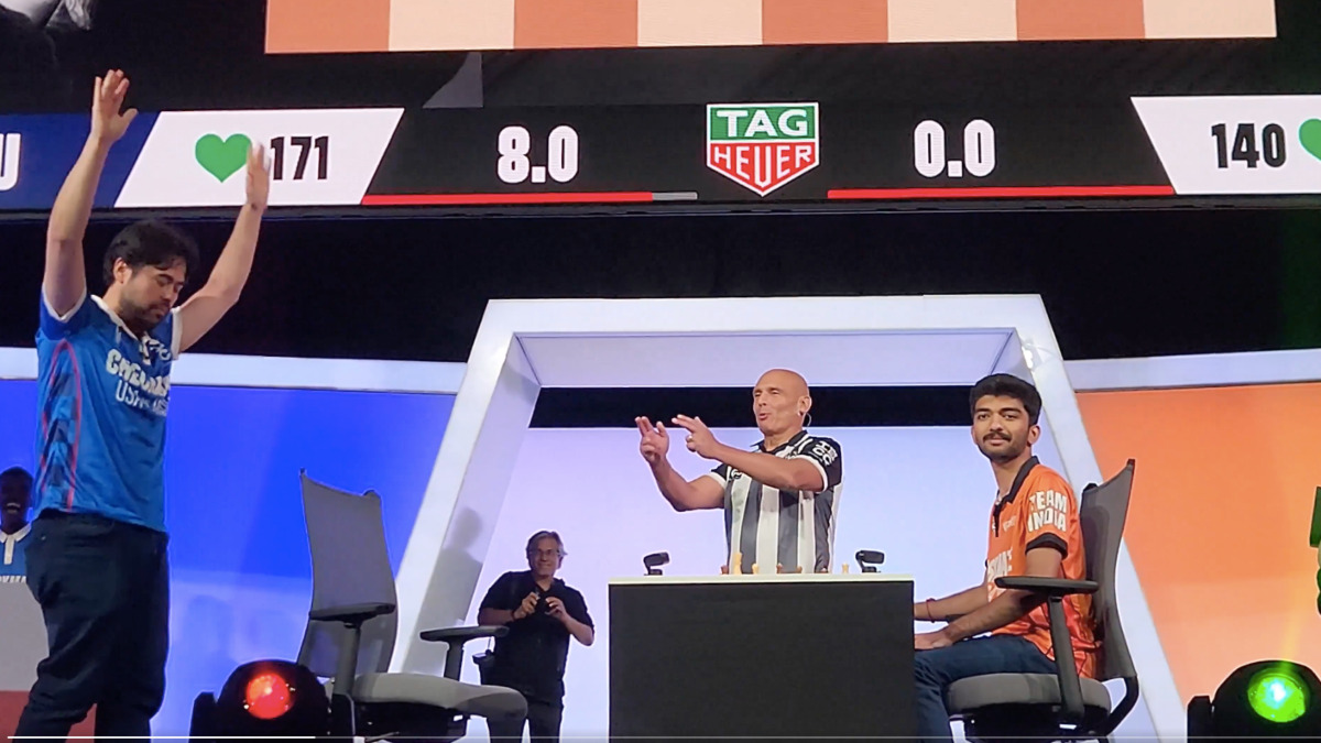 World No 2 Hikaru Nakamura celebrates in an exaggerated manner after defeating reigning world champion D Gukesh at the 'Checkmate: USA vs India' event in Arlington, USA. Image credit: Screengrab/Chess.com World No 2 Hikaru Nakamura celebrates in an exaggerated manner after defeating reigning world champion D Gukesh at the 'Checkmate: USA vs India' event in Arlington, USA. Image credit: Screengrab/Chess.com