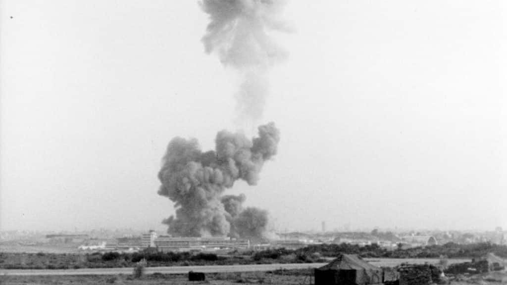 The explosion of the Marine Corps building in Beirut, Lebanon on October 23, 1983 created a large cloud of smoke that was visible from miles away. Wikimedia Commons