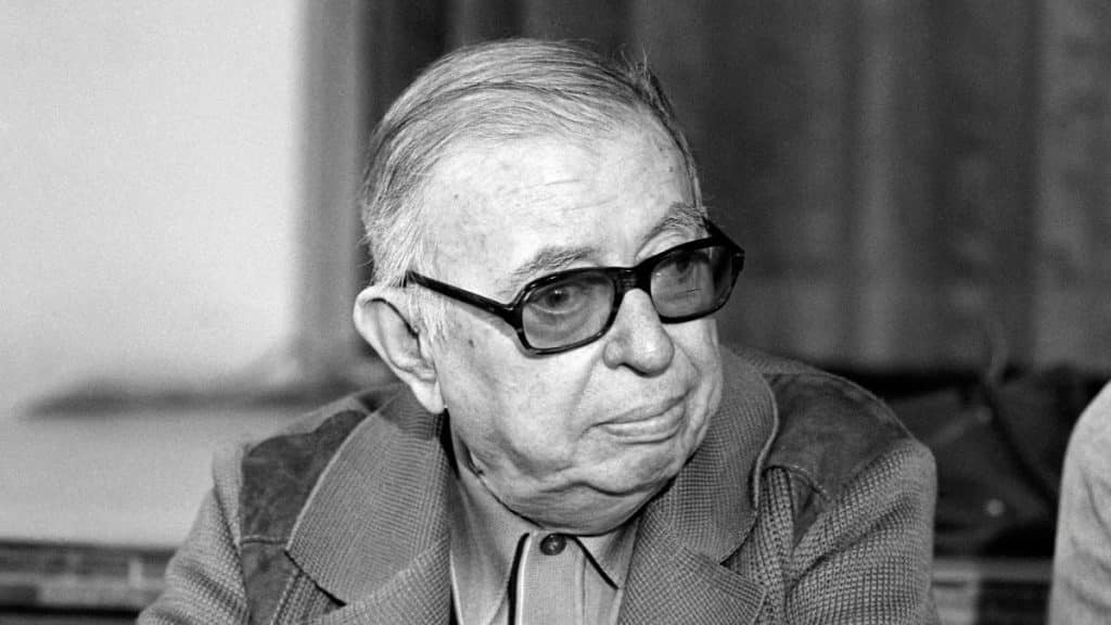 A photo taken in Paris at the Lutetia hotel shows Jean-Paul Sartre during a press conference for the initiative called