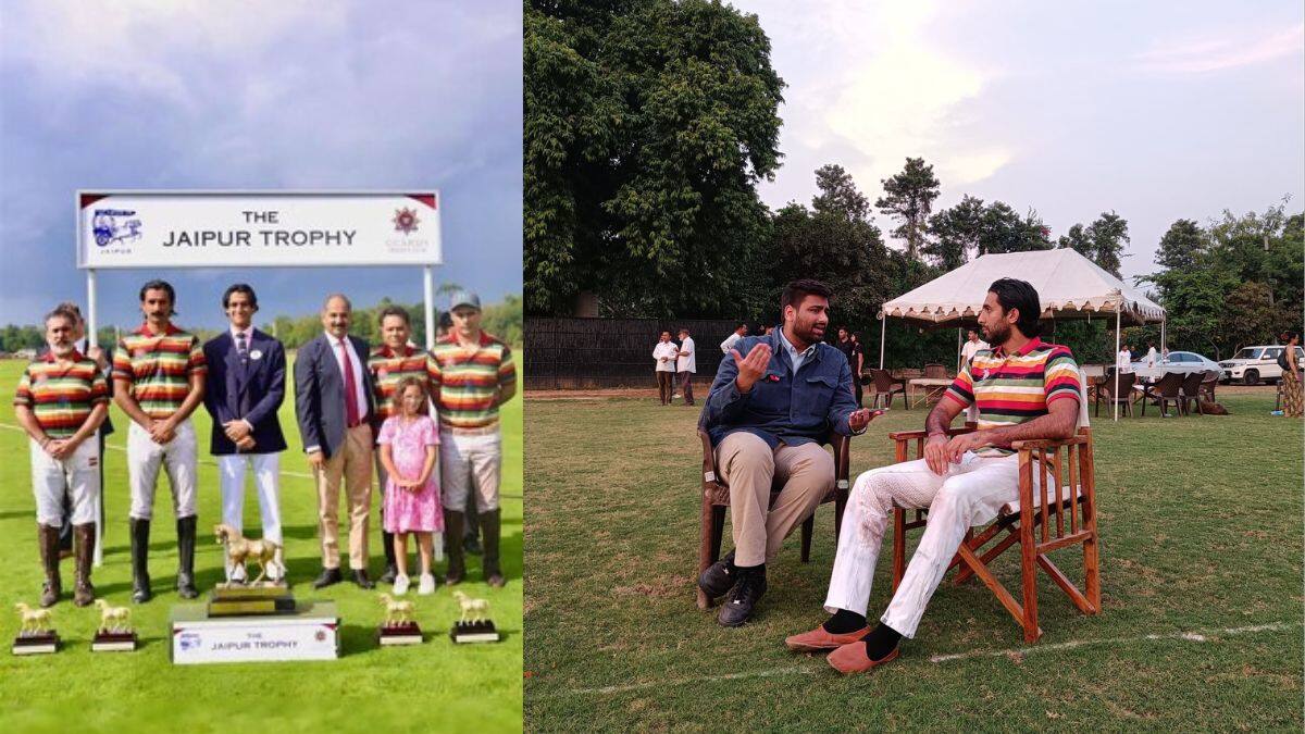 (Left) Jaisal Singh, HH Sawai Padmanabh Singh, HH Lakshraj Prakash of Sirmaur, Maharaja Narendra Singh, Abhimanyu Pathak and Daniel Otamendi with the Jaipur Trophy at the Guards Polo Club in England on July 19, 2025. Firstpost via Sam Churchill/Jaipur Polo; (Right) Firstpost's Anmol Singla in a candid conversation with HH Sawai Padmanabh Singh at the Rambagh Polo Ground in Jaipur on September 27, 2025. Firstpost