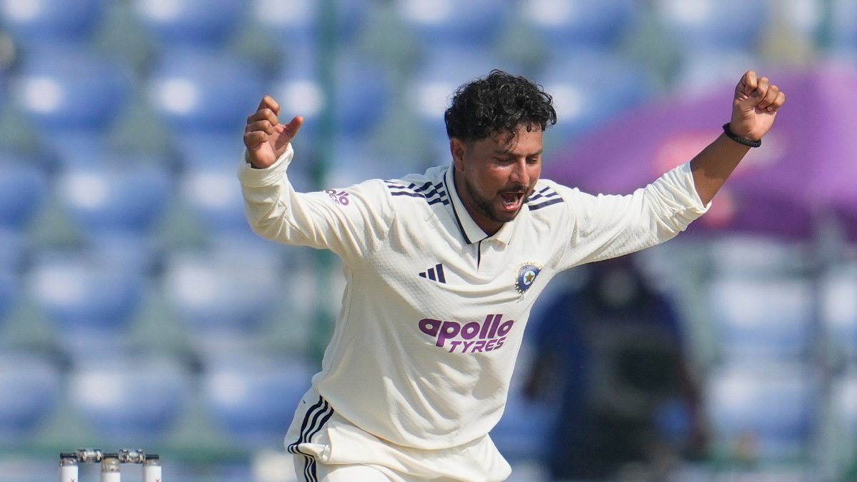 Indian left-arm spinner Kuldeep Yadav celebrates after dismissing senior West Indian batter Shai Hope on Day 3 of the second Test in Delhi. AP Indian left-arm spinner Kuldeep Yadav celebrates after dismissing senior West Indian batter Shai Hope on Day 3 of the second Test in Delhi. AP
