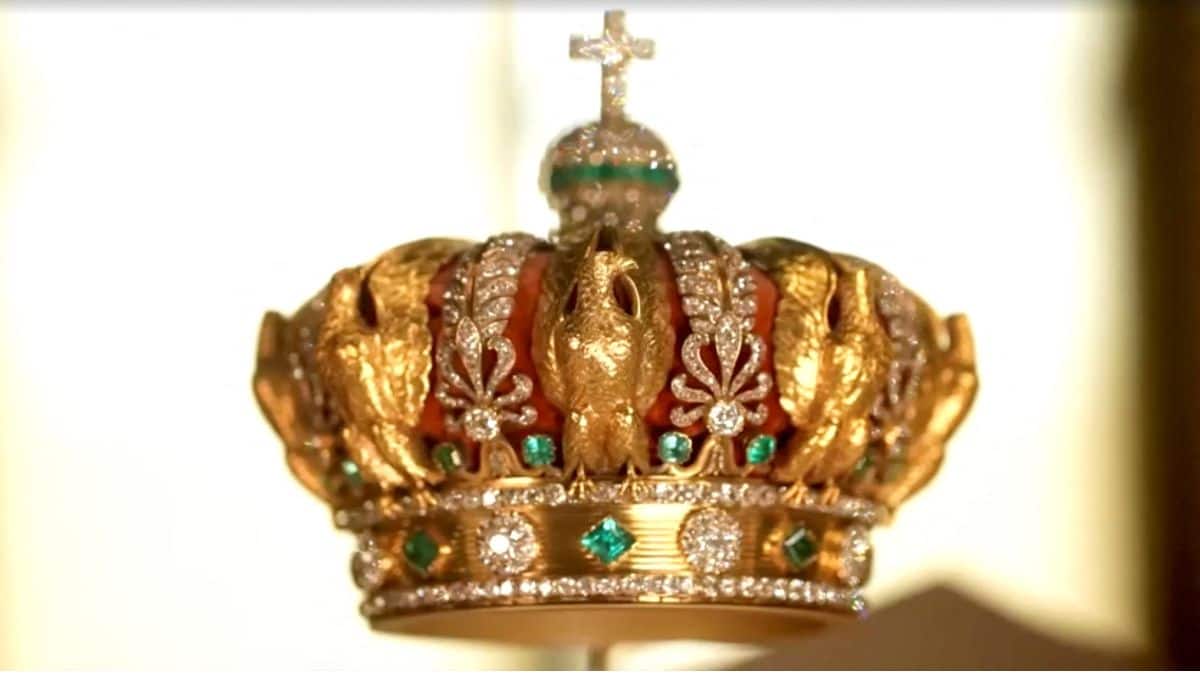 A crown worn by French Empress Eugenie, which was targeted by thieves during a heist at Paris' Louvre Museum on October 19, 2025 but was dropped during their escape, on display in this undated still frame from a video. Louvre Museum via Reuters