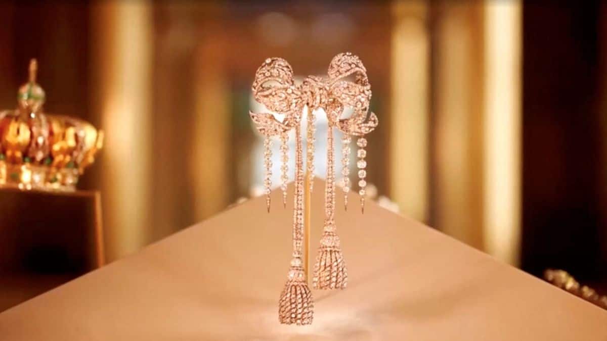 A jewel-encrusted brooch worn by French Empress Eugenie, which was among the items stolen by thieves during a heist at Paris' Louvre Museum on October 19, 2025, on display in this undated still frame from a video. Louvre Museum via Reuters