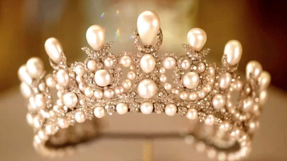 A tiara adorned with pearls worn by French Empress Eugenie, which was among the items stolen by thieves during a heist at Paris' Louvre Museum on October 19, 2025, on display in this undated still frame from a video. Louvre Museum via Reuters