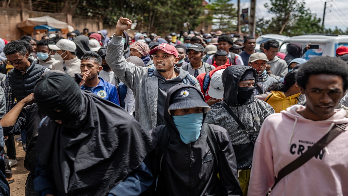 Hundreds of students march on their way to a demonstration calling for the resignation of President Andry Rajoelina, in Antananarivo, on Monday. AFP Hundreds of students march on their way to a demonstration calling for the resignation of President Andry Rajoelina, in Antananarivo, on Monday. AFP