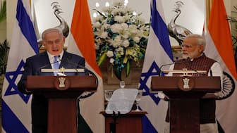 Israeli Prime Minister Benjamin Netanyahu speaks as his Indian counterpart Narendra Modi looks on during a signing of agreements ceremony at Hyderabad House in New Delhi, on January 15, 2018. Reuters File