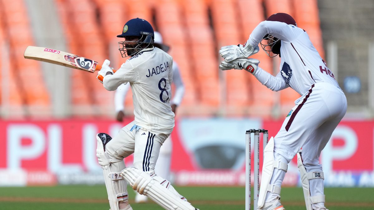 Ravindra Jadeja made 104 not out as India took 286 runs lead in the first innings against West Indies. Image: AP Ravindra Jadeja made 104 not out as India took 286 runs lead in the first innings against West Indies. Image: AP