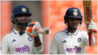 India's Ravindra Jadeja and Shubman Gill celebrate after bringing up their half-centuries on Day 2 of the first Test between India and West Indies in Ahmedabad. AP