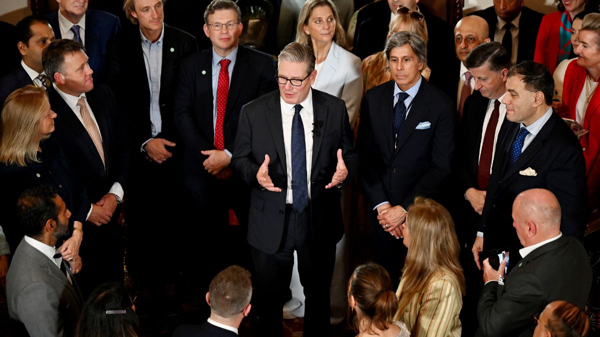 British Prime Minister Keir Starmer, center, speaks with business leaders at the Taj Mahal Palace in Mumbai, India Wednesday, Oct. 8, 2025. Image- AP British Prime Minister Keir Starmer, center, speaks with business leaders at the Taj Mahal Palace in Mumbai, India Wednesday, Oct. 8, 2025. Image- AP