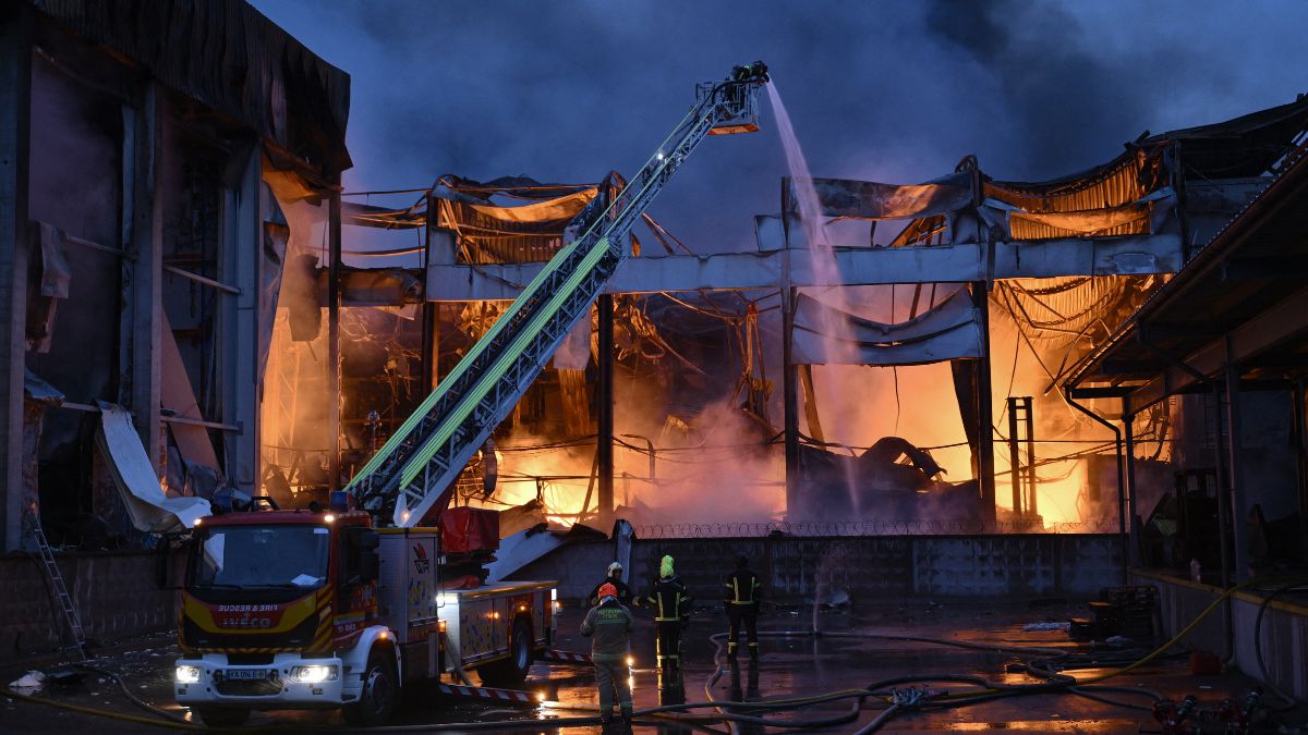 Ukrainian firefighters extinguish a fire at the site of a food warehouse following a Russian missile strike in Kyiv early on October 25, 2025, amid the Russian invasion of Ukraine.  Image- AFP Ukrainian firefighters extinguish a fire at the site of a food warehouse following a Russian missile strike in Kyiv early on October 25, 2025, amid the Russian invasion of Ukraine.  Image- AFP