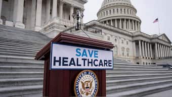 House Democrats prepare to speak on the steps of the Capitol to insist that Republicans include an extension of expiring health care benefits as part of a government funding compromise, in Washington, Tuesday, Sept. 30, 2025. (AP)