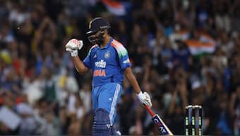 Rohit Sharma celebrates after India defeat Australia by 9 wickets in the third ODI in Sydney. Reuters